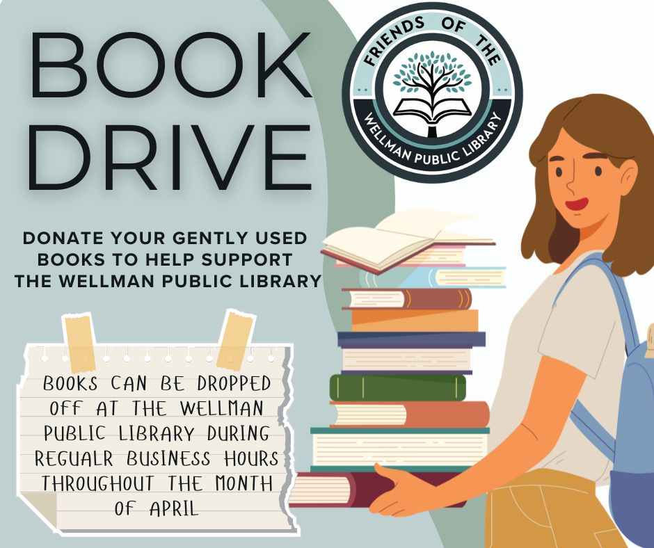 Flier promoting book drive for friends of the library in the month of april